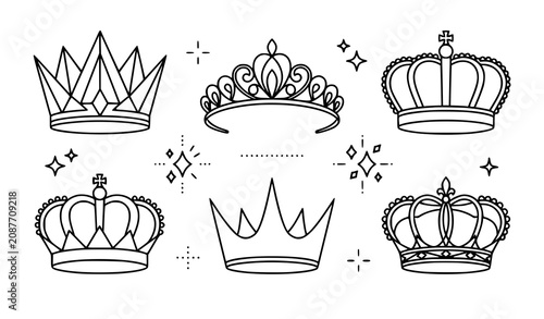 Photos Collection of six regal crown illustrations with sparkling accents