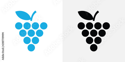 Two stylized grape bunches, one light blue and one dark black, isolated on white and grey backgrounds