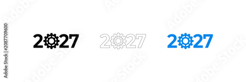 2027 futuristic typography with gear icon variations in black white and blue color schemes