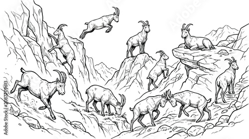 Fotografie Vintage mountain goat vector set, hand drawn ibex sketches in 10 poses, black an