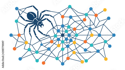 Spider on complex digital network web of connected nodes.