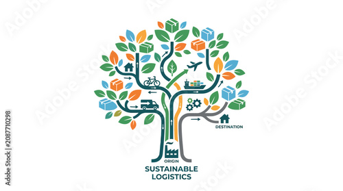 Sustainable logistics tree concept with eco-friendly transport icons.
