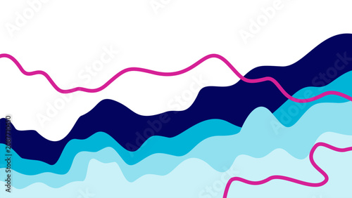 Contemporary fluid wave layout template. Abstract layered backdrop in cool colors of navy and ice blue with magenta outlines. Eye-catching.
