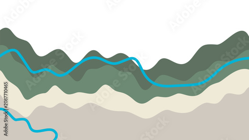 Abstract earthy mountain background with blue lines. Fluid wavy layers in green, sage, and beige. Perfect for eco-friendly modern templates.
