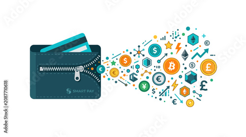 Wallet with money icons and cryptocurrency symbols.