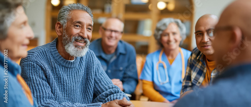 Friendly senior man with gray beard smiling and talking in group therapy session with diverse elderly people and healthcare worker