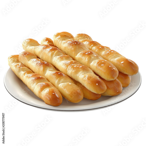 Golden brown breadsticks on a white plate salt-speckled crust isolated on white background