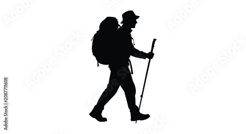 Photos Hiker with backpack and trekking pole black silhouette hiking trekker rucksack