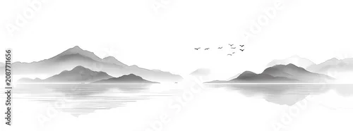 Obraz  z motywem Misty Mountainscape in Ink Painting Style
