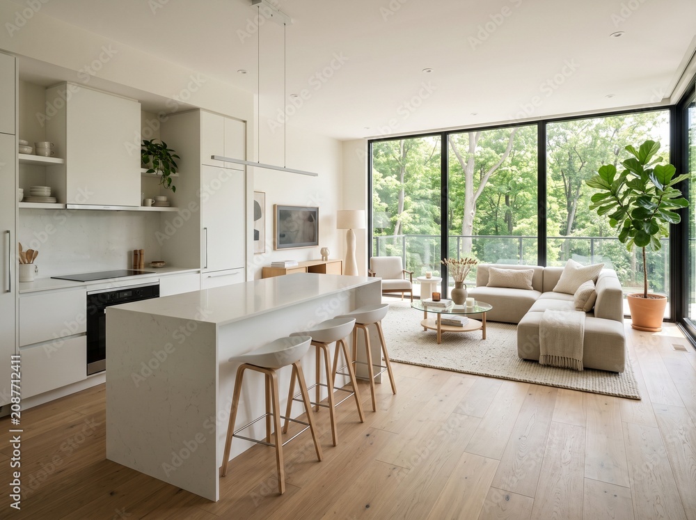 Fototapeta premium Luxury Modern Open Plan Living Room and Kitchen Interior with White Cabinets and Large Window View