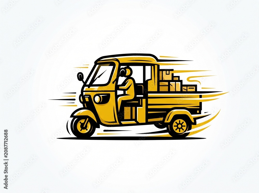 Fototapeta premium Cartoon Utility Rickshaw Driving Flat Design Vector Illustration