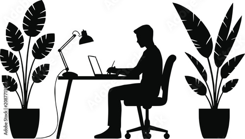 Bild auf Leinwand Man Working at Desk with Plants vector untitled