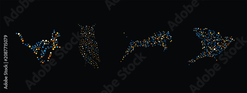 Creative collection of animal silhouettes formed by colorful dotted particles. Featuring stylized bird, owl, feline, and flying bird designs made from circular dots, this modern vector illustration re