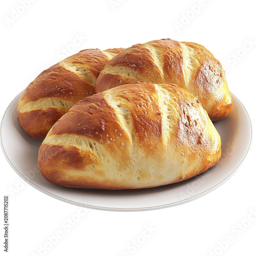 Three golden loaves of artisan bread on a plate close-up view isolated on white background