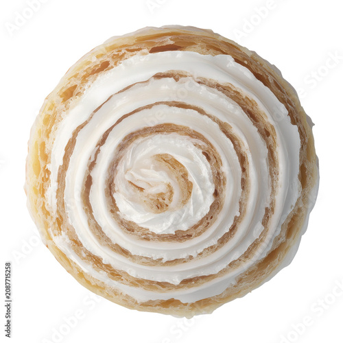 Overhead view of a deliciously iced cinnamon roll pastry isolated on white background