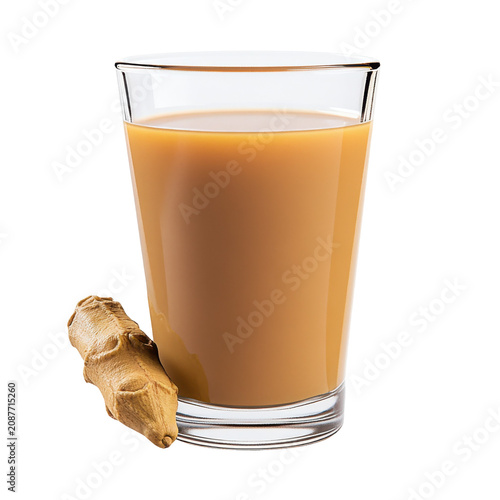 Refreshing ginger milk tea in a clear glass with a ginger root isolated on white background