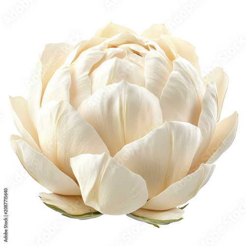Creamy white peony bloom with delicate petal layers and subtle green sepals isolated on white background