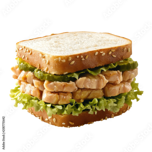 Close-up of a delicious tuna sandwich with pickles and lettuce isolated on white background