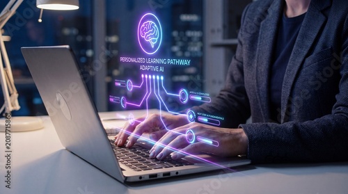 Educator uses holographic adaptive AI personalized learning pathway interface on laptop at night