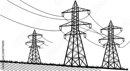 Fotografía Three electricity pylons with power lines against a white background transmissio