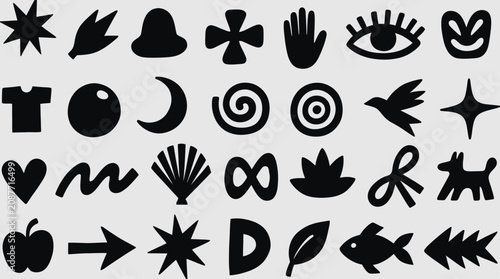 A collection of various symbolic icons featuring objects and shapes.