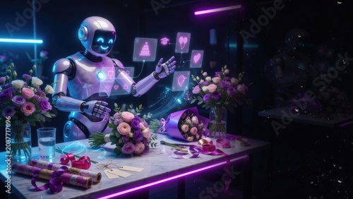 Futuristic robot florist arranging flower bouquets as a visual concept for automated floral delivery services, e-commerce marketing, and tech solutions.