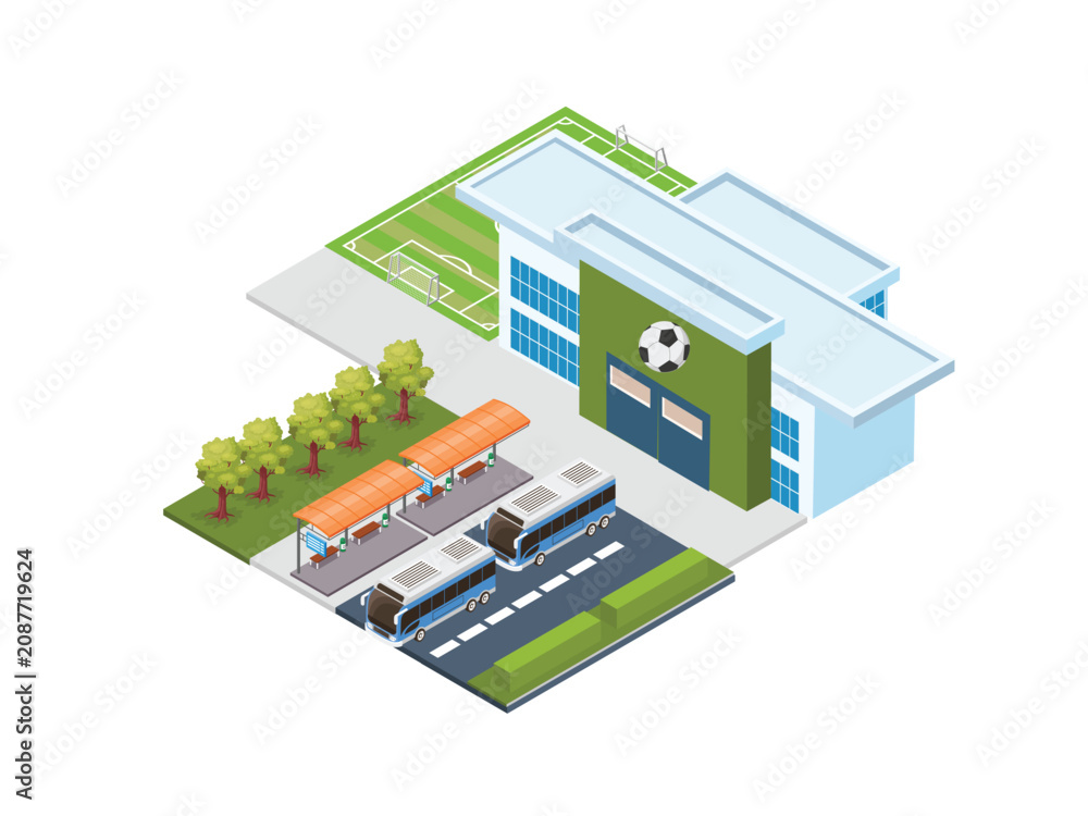 Obraz premium Football Club Stadium and Training Academy Building with Bus Station 3d isometric vector illustration