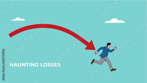 Man running from downward red arrow symbolizing haunting losses