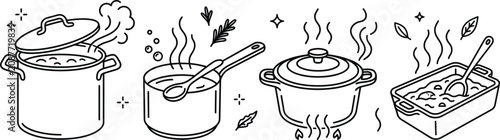 Fotografia Cooking and culinary line art vector set featuring steaming pots saucepan casser