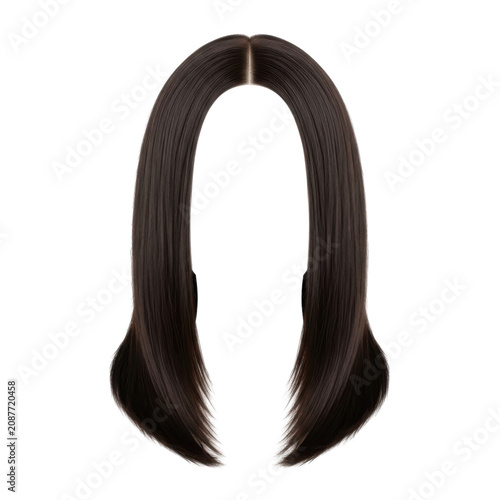 long straight black human hair wig cutout isolated on transparent background