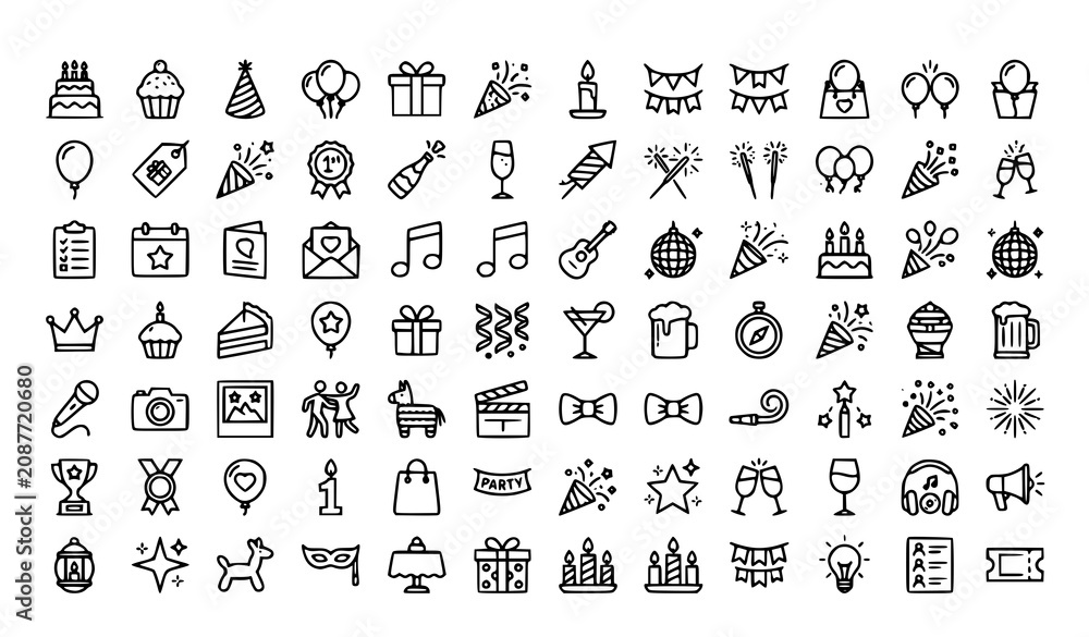 Obraz premium Modern Birthday Party and Celebration Outline Icons Editable Vector Set