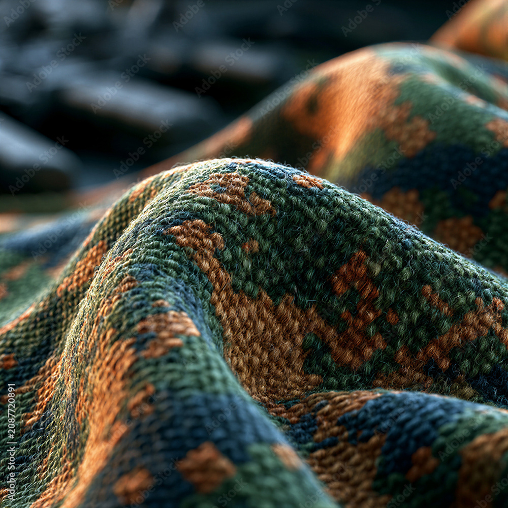 Fototapeta premium Macro canvas texture with pixelated green, brown, and black camo blocks. Cinematic lighting reveals woven threads. Clean right space perfect for tactical branding, packaging, and ad campaigns.