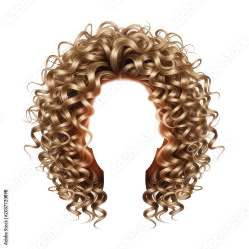 blonde curly synthetic hair wig with natural volume isolated on transparent background