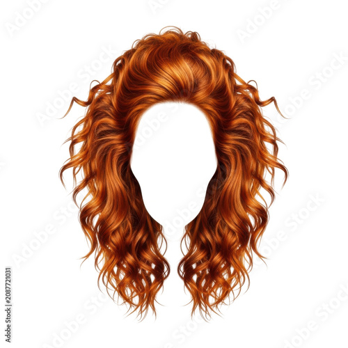 voluminous red curly wig with natural waves isolated on transparent background
