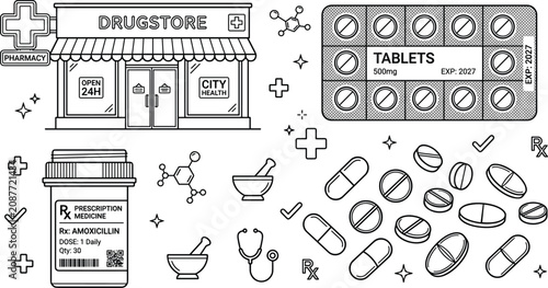 Cuadro en lienzo Drugstore and medical line art icon set featuring pharmacy storefront blister pa