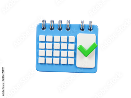 Blue 3d calendar icon with green check mark, isolated on transparent background
