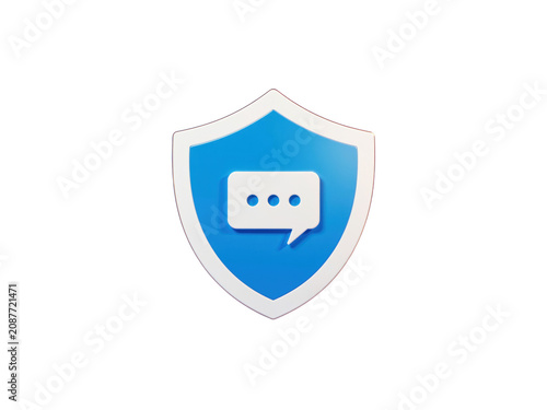 Shield icon protecting chat message in blue 3d render, isolated on transparent background