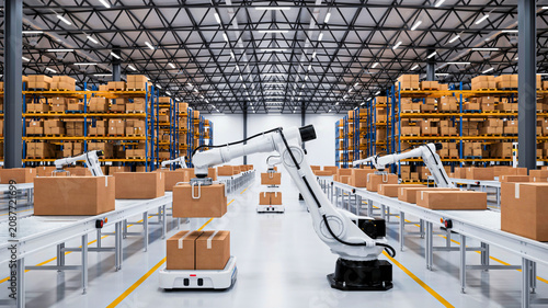 Automated Warehouse with Robotic Arms and Conveyor Belts for Logistics and Fulfillment