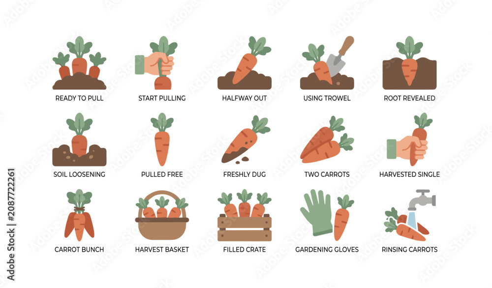 Fototapeta premium Carrot harvesting icons showing pulling and harvesting steps garden