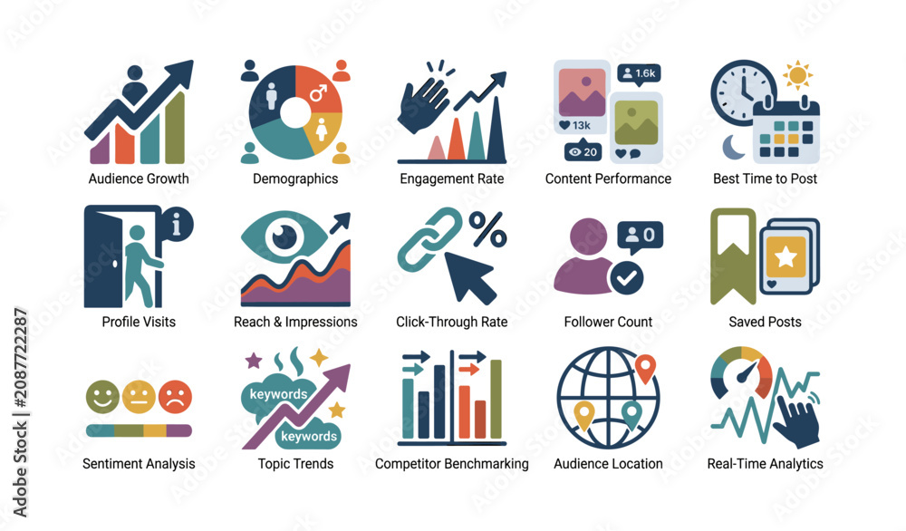 Fototapeta premium Social media analytics icons showing metrics and charts grid