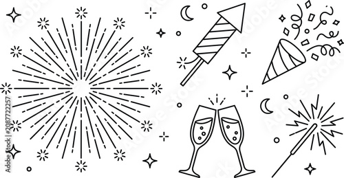 Foto Fireworks and celebration line art vector set featuring fireworks rocket confett
