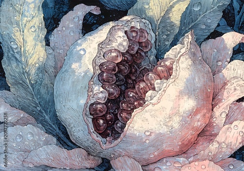 Close up of split open pomegranate revealing glistening ruby seeds