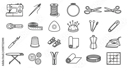Фотография Sewing icons set in outline style, 24 tailoring equipment vectors, dressmaking t