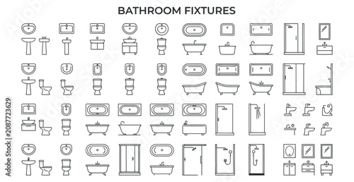 Bild auf Leinwand Professional set of bathroom fixtures and sanitary ware outline icons for interi