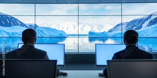 Two people monitoring large screens with a snowy mountain and lake view outside.