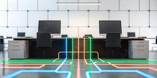 Modern office workspace with desks, chairs, laptops, and colorful digital lines