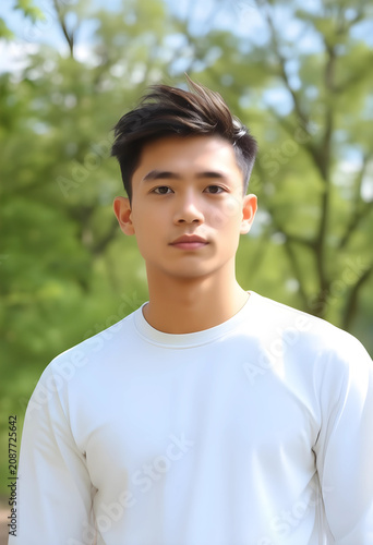 Young man in white shirt standing outdoors in park