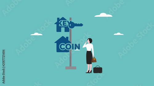 Cuadro en lienzo Businesswoman contemplating key and coin signs for investment decisions