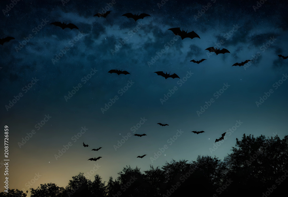 Fototapeta premium Flock of bats flying at night over forest