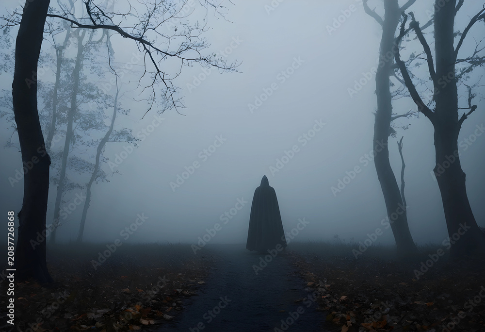Naklejka premium Hooded figure standing on foggy forest path at dusk